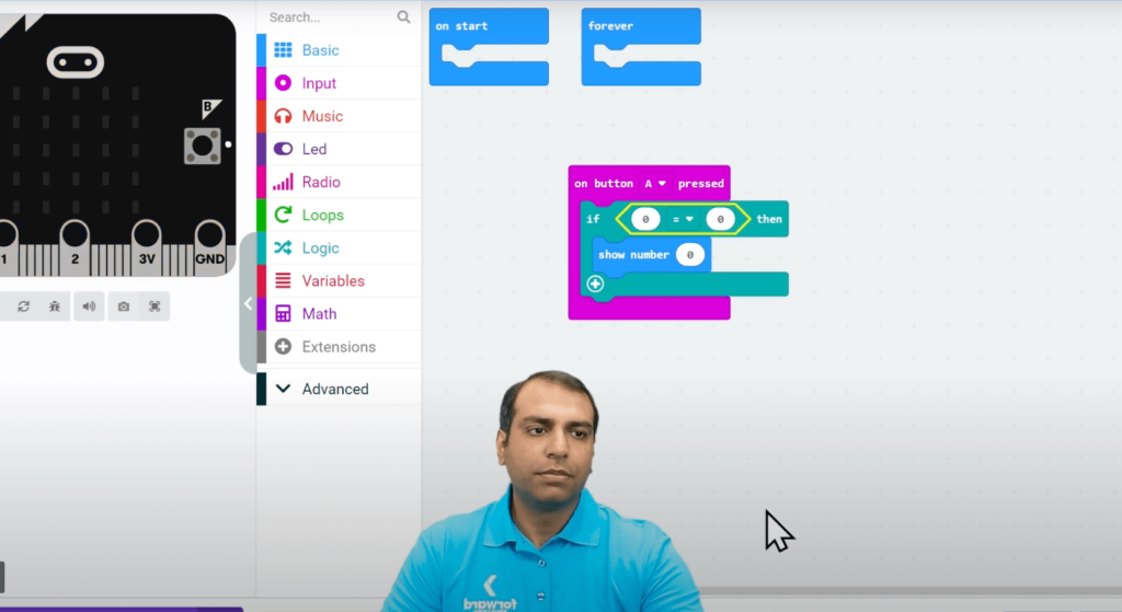 Screenshot from the Getting Started with the Climate Action Kit course showing the Makecode coding window